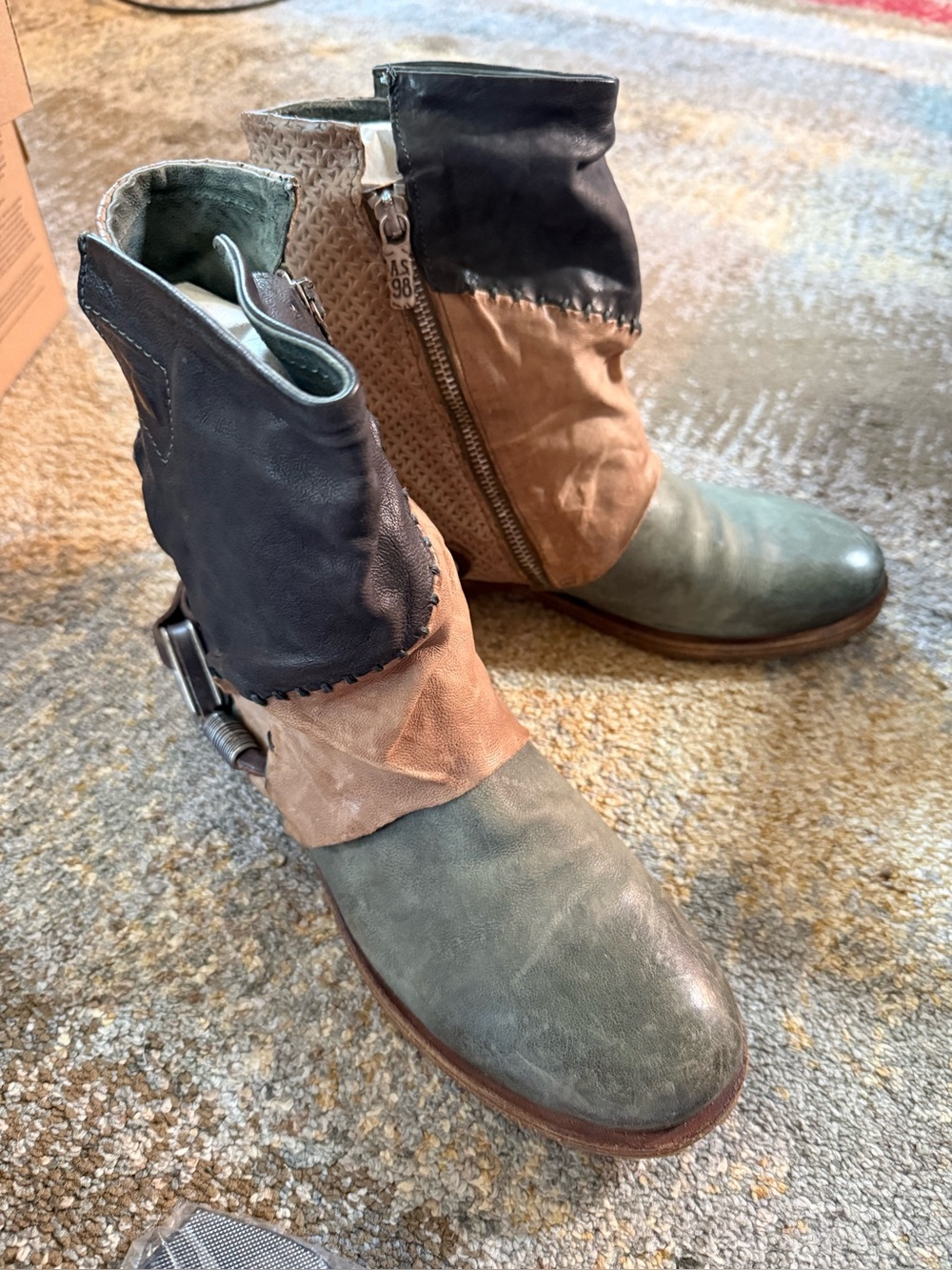 A.S.98 Green, Tan and Black Leather Patchwork Ankle Boots